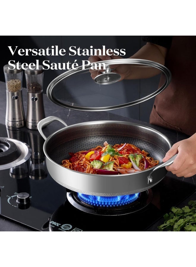 م.ا & ف'س مقلاة سوتيه من الفولاذ المقاوم للصدأ، مقلاة عميقة 30 سم، أواني طهي بغطاء، قدر طهي غير لاصق بتصميم خلية النحل مع مقابض، مقلاة كاداي كبيرة، مقلاة ووك متوافقة مع جميع أنواع المواقد، آمنة للغسل في غسالة الأطباق - Image 5